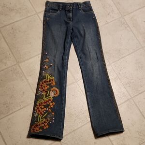 Per Se Blue Jeans with Orange Floral Embroidery